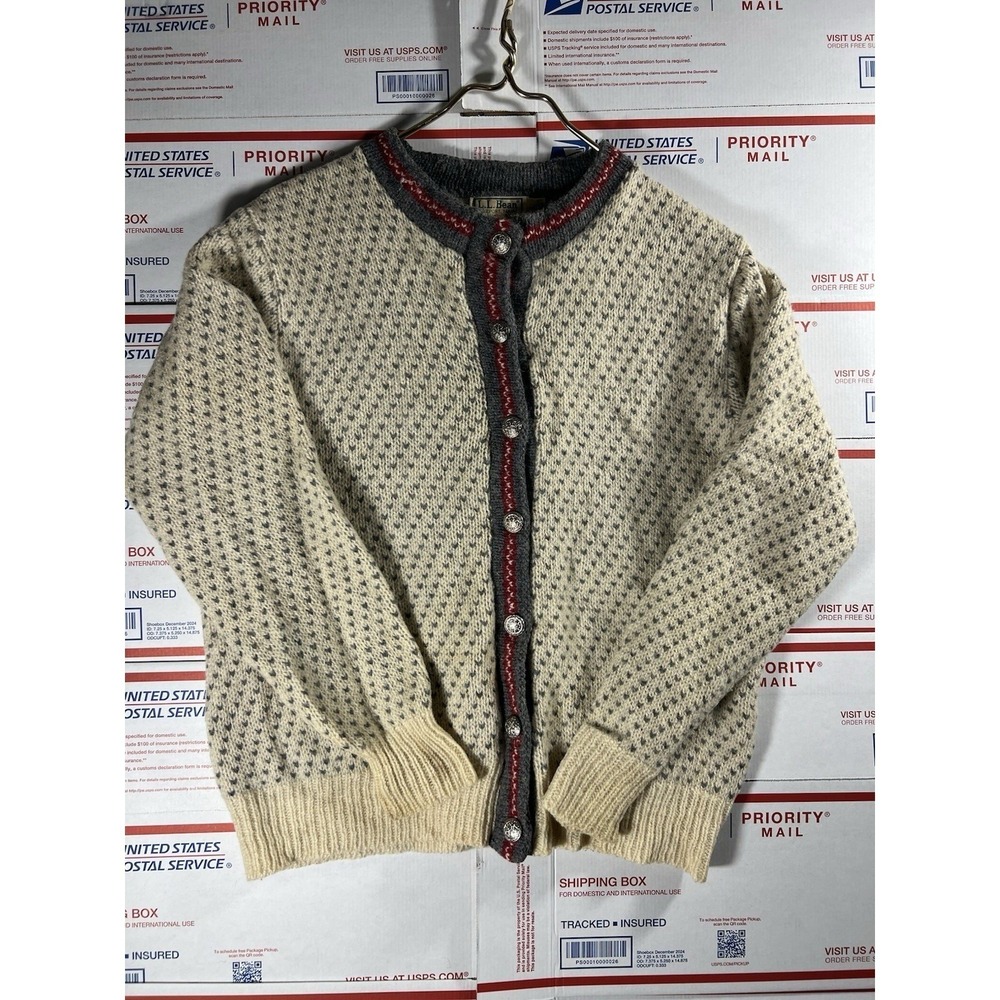 Vintage LL Bean 70s Cardigan Sweater Womens Large Wool Nordic Buttons USA Made - Picture 1 of 4